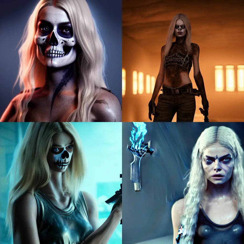 Prompt: octane, Unreal engine, Samara Weaving with skull paint holding a shotgun