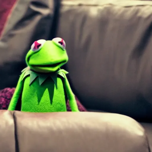 Image similar to candid photo of kermit the frog sitting on the couch holding a bong, kermit the frog in ted ( 2 0 1 2 ) bong rip, kermit the frog, high resolution photo, trending on artstation, interior design, bong!!!!,