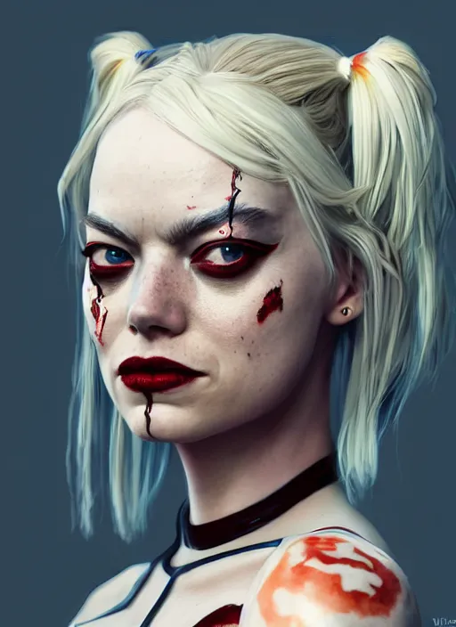 Image similar to biopunk portrait of emma stone as harley quinn, hyper detailed, digital art, trending in artstation, cinematic lighting, studio quality, smooth render, unreal engine 5 rendered, octane rendered, art style by klimt and nixeu and ian sprigger and wlop and krenz cushart.