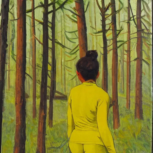 Image similar to a female orienteer wearing a yellow long - sleeved shirt and black tights runs in the forest, oil on canvas.