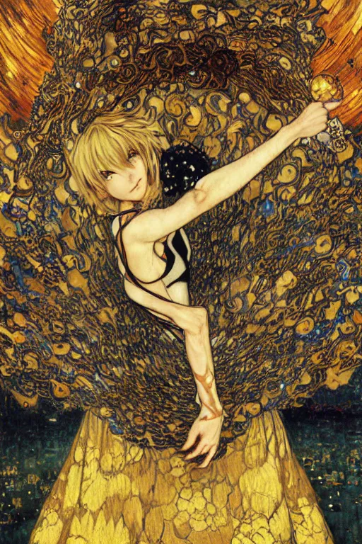 Prompt: Kirisame Marisa from touhou, official artwork, danbooru, by Karol Bak, Jean Deville, Gustav Klimt, and Vincent Van Gogh, Surreality, fractal structures, arcane, ornate gilded medieval icon