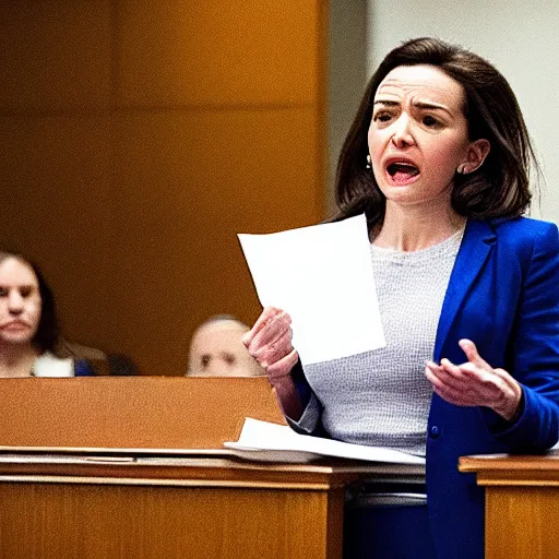 Prompt: Movie still of a furious, screaming Sheryl Sandberg testifying in court in Facebook The Movie (2017), directed by Steven Spielberg