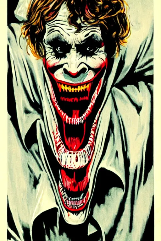 Prompt: Willem Dafoe as the Joker on a 1970s horror movie poster , vintage 70s print, scary, horrifying, terror