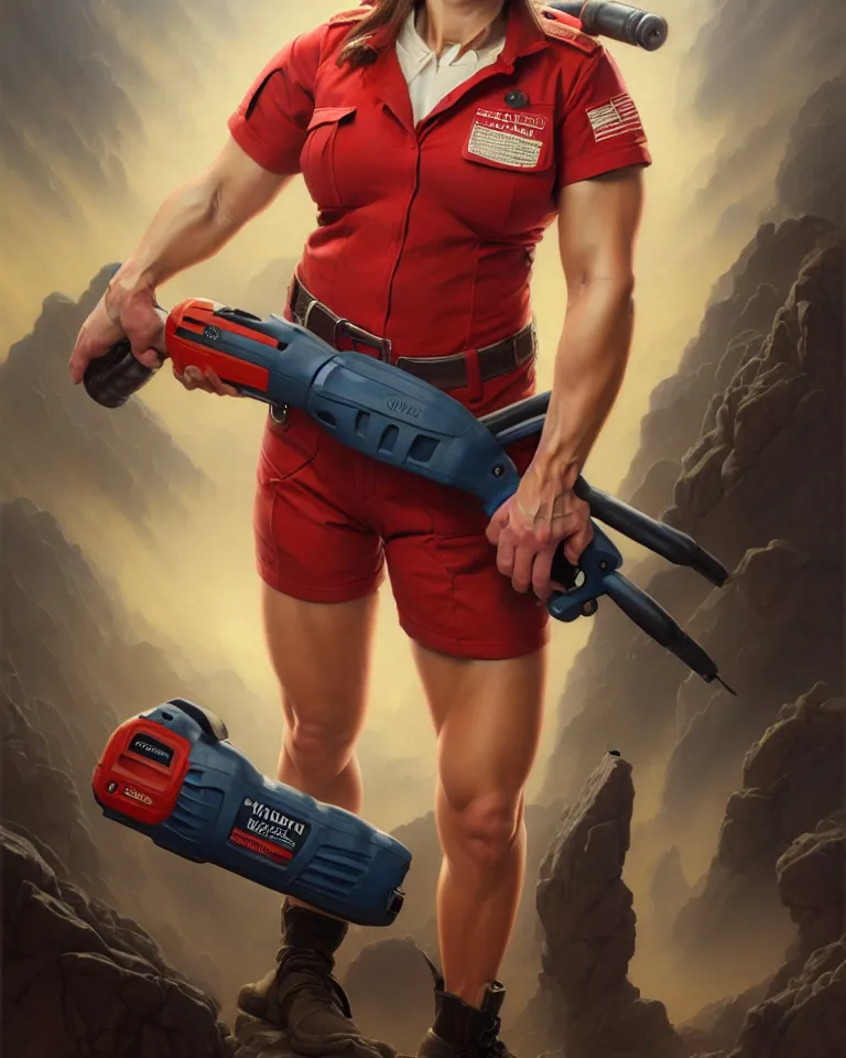 Image similar to epic portrait a slightly muscular woman wearing short sleeved uniform and carrying a red power tool drill, detailed, centered, digital painting, artstation, concept art, donato giancola, Joseph Christian Leyendecker, WLOP, Boris Vallejo, Breathtaking, 8k resolution, extremely detailed, beautiful, establishing shot, artistic, hyperrealistic, beautiful face, octane render