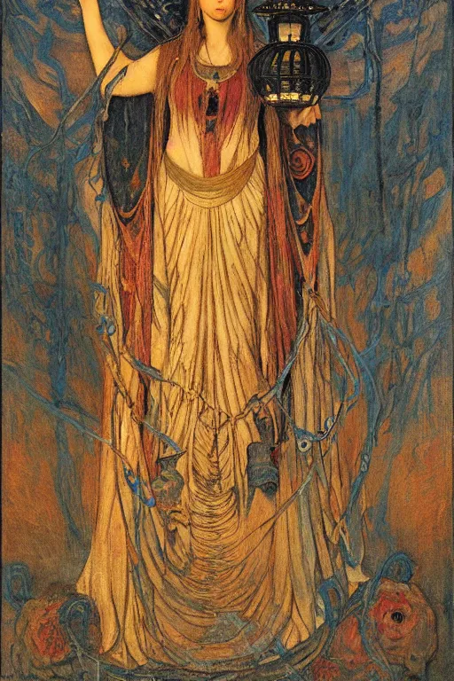 Image similar to queen of the dead with her lantern and regalia, by Annie Swynnerton and Nicholas Roerich and jean delville and Gaston Bussière, black leather and embroidered velvet, iridescent beetles, rich color, dramatic cinematic lighting, extremely detailed