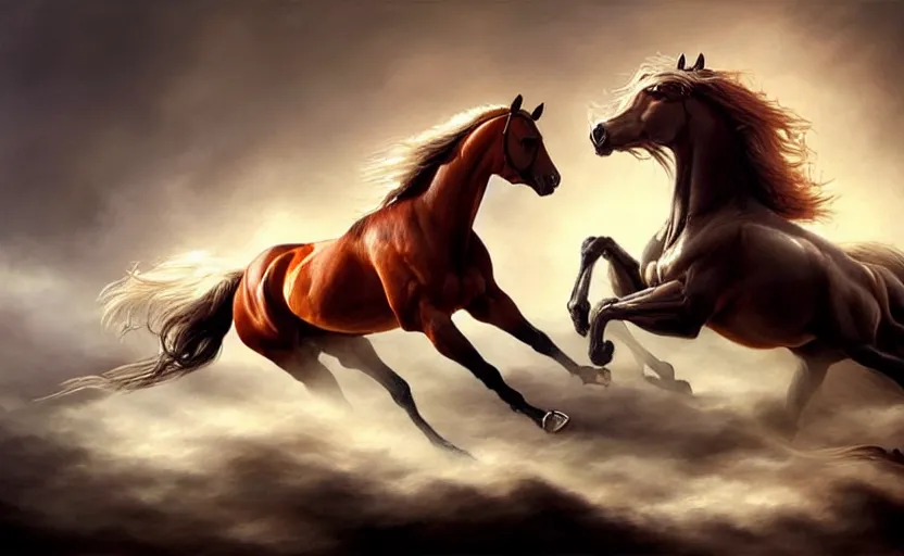 Image similar to a masterpiece oil painting of a proud horse galloping. wide angle, fantasy art, heroic lighting, by artgerm, fog, finger of god, amazing wallpaper