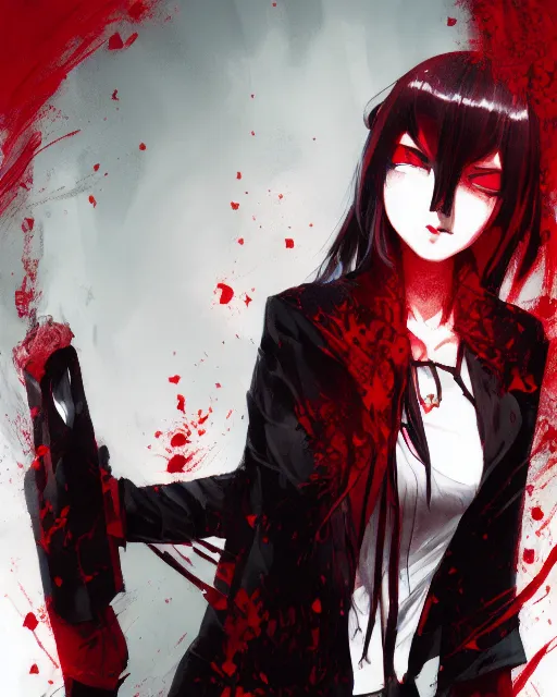 Prompt: vampire girl with wavy black hair wearing red, ominous dark background, ink, ilya kuvshinov, guweiz, svetlana tigai, greg rutkowski, studio trigger, ross tran, loish, anime