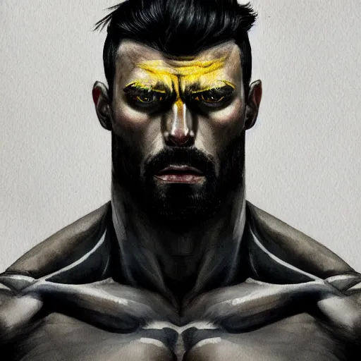 Prompt: watercolor artwork of a computer headed muscular man with yellow eyes, gigachad, dramatic black and white, concept art, super detailed, 4 k hd, trending on artstation, digital painted, low contrast, made by greg rutkowski and viktoria gavrilenko