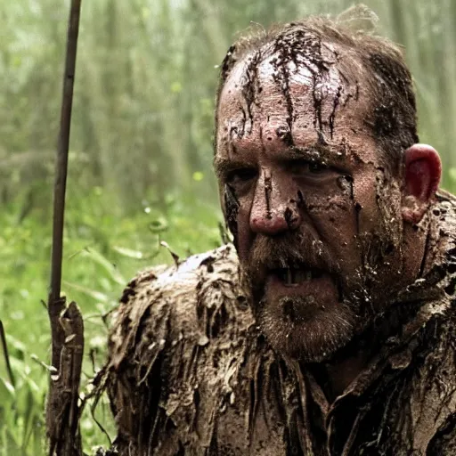 Image similar to film still of bill goldberg as major dutch, covered in mud and hiding from the predator predator predator in swamp scene in 1 9 8 7 movie predator, hd, 4 k