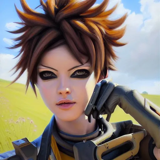 Prompt: oil painting of tracer overwatch in a field, in style of mark arian, expressive face, very detailed face, wearing large detailed black choker, very detailed eyes, full body, feminine face, detailed makeup on eyes,