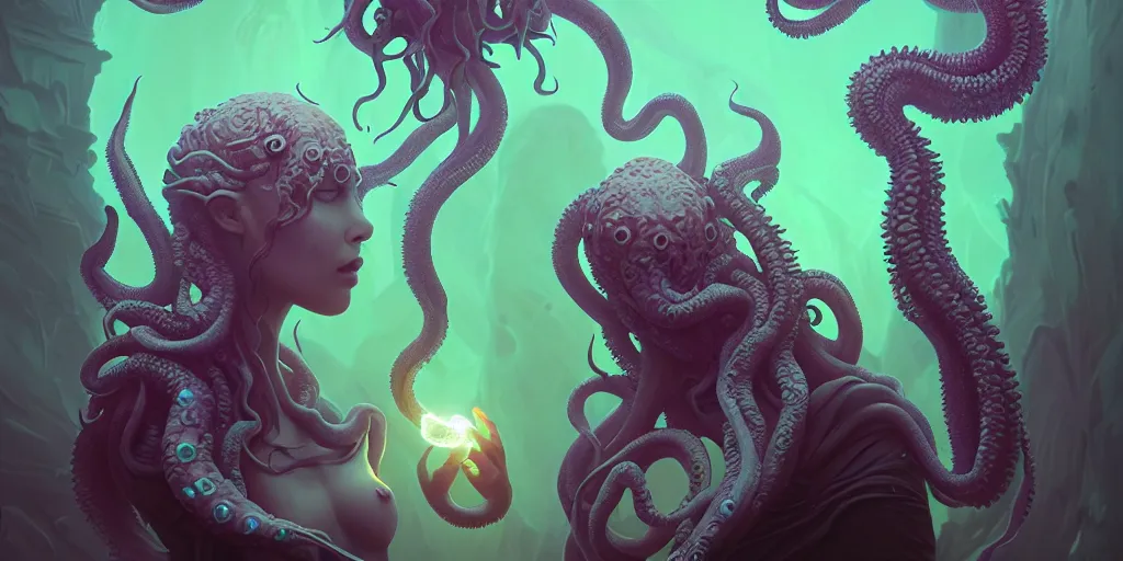 Image similar to cthulhu goddess portrait, squid coming from skull eyes, orchid, bioluminiscent, intricate artwork by tooth wu and wlop and beeple. trending on artstation, greg rutkowski very coherent symmetrical artwork. cinematic, hyper realism, high detail, octane render, aquarium