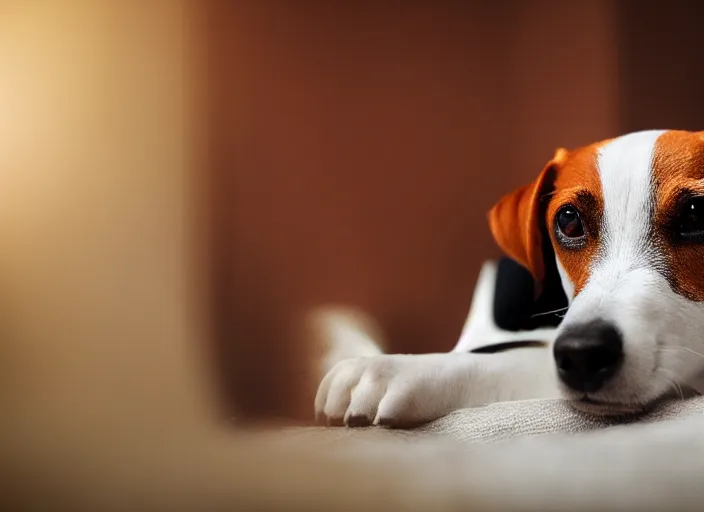 Image similar to photography of a Jack Russel . watching outside the window. on a bed. in a vintage room.,volumetric light, photorealistic,, award winning photo, 100mm, sharp, high res