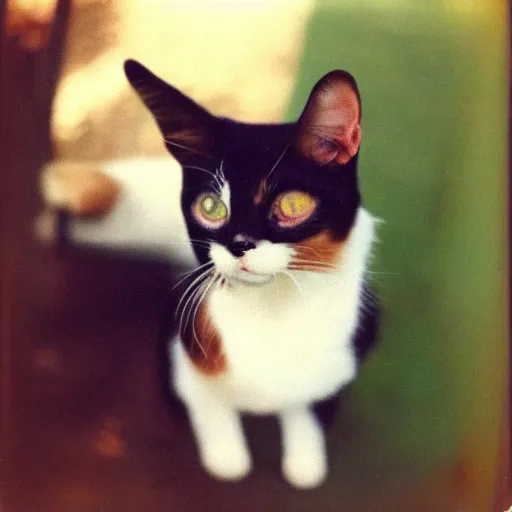 Prompt: old polariod picture of a calico cat, 8K