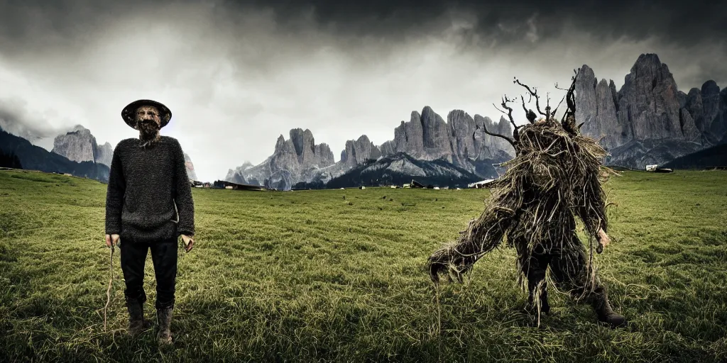 Prompt: alpine farmer turning into hay and root monster, old pastures, dolomites in background, dark, eerie, despair, portrait photography, artstation, highly detailed, sharp focus, by cronneberg