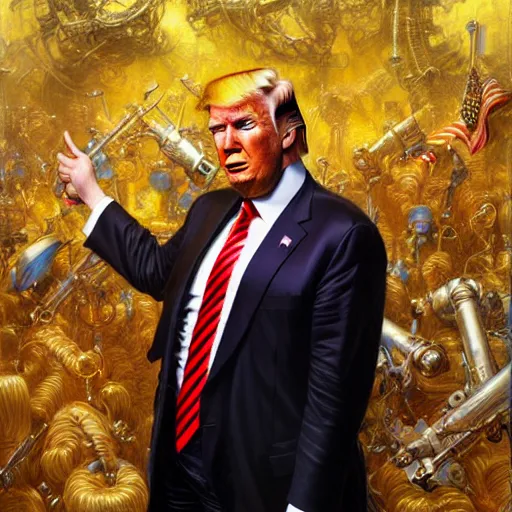 Prompt: highly detailed full portrait of donald trump, art by donato giancola and ruan jia and carl larsson and magali villeneuve. trending on artstation, intricate details, energetic composition, golden ratio, concept art, illustration, elegant art