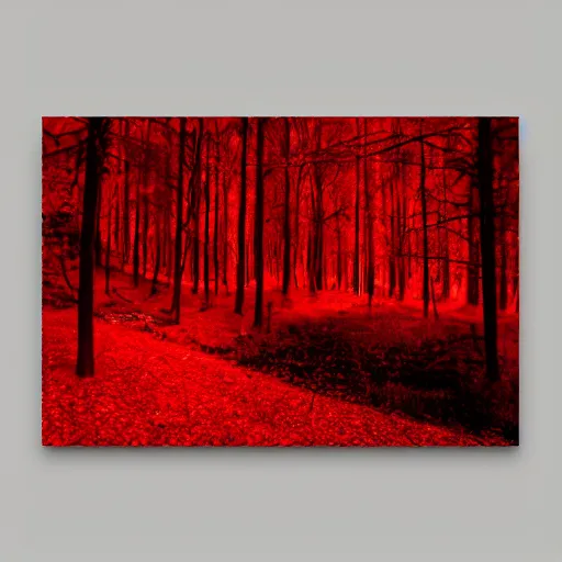 Image similar to a red energy flowing through a forest turning everything it touches into red, cinematic, real, 4k, art station, render, moody, red, glow