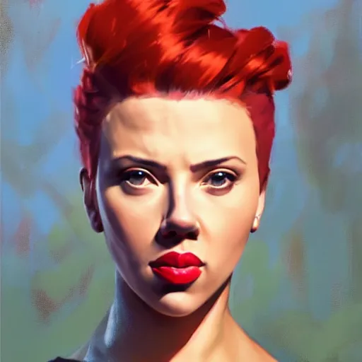 Image similar to greg manchess portrait of scarlett johansson as roided thick muscular weightlifter zarya from overwatch with short red hair ponytail and green lipstick, fantasy medium shot, asymmetrical, profile picture, organic painting, sunny day, matte painting, bold shapes, hard edges, street art, trending on artstation, by huang guangjian and gil elvgren and sachin teng