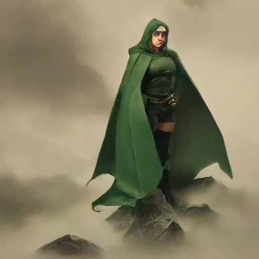 Image similar to an portrait of an hunter woman with a green cape and hoodie on, Matte painting , detailed painting, greg rutkowski