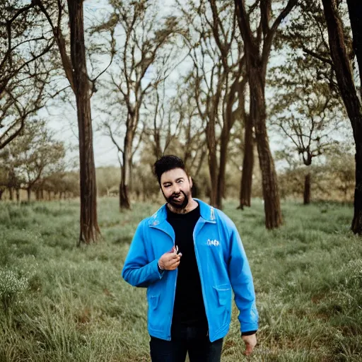 Image similar to steven bonnell ii in a blue jacket walking in a field, 2 0 mm sigma lens, sony a 7 siii