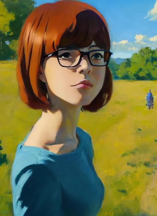 Image similar to Greg Manchess painting of Velma Dinkley, anime style, countryside, calm, fantasy character portrait, dark outlines, dynamic pose, above view, sunny day, artwork by Makoto Shinkai, very coherent asymmetrical artwork, sharp edges, perfect face, simple form, 100mm