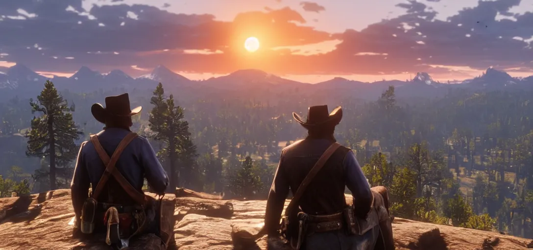 Image similar to Arthur Morgan from Red Dead Redemption 2 sitting at the top of a rocky mountain looking at a beautiful sunrise in the distance