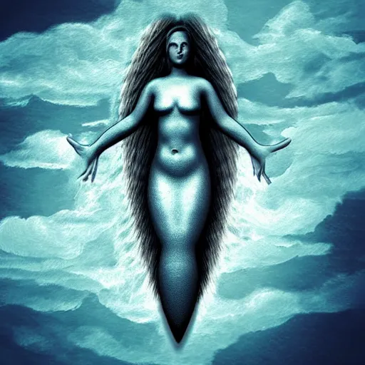 Prompt: “giant mermaid swimming through the clouds. Digital art, Trending on ArtStation, God rays”