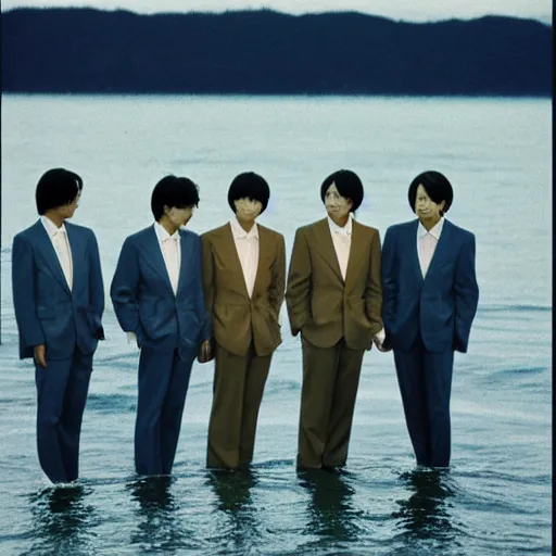 Image similar to five japanese men wearing beige suits and blue jeans standing in the ocean, sunset, night, wide shot, ((yellow magic orchestra)), ((tatsuro yamashita)), album cover, 1981, grammy award winning