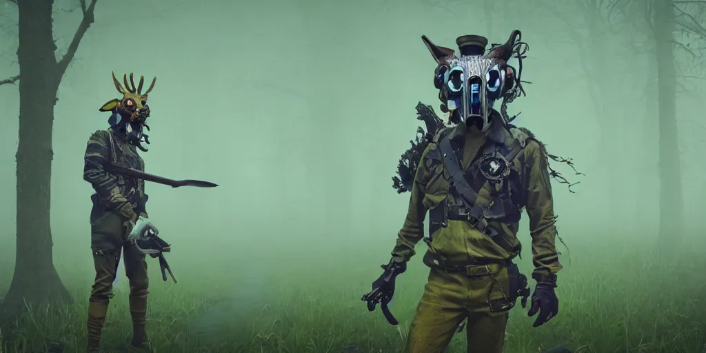 Image similar to a beautifully strange image of a gamekeeper wearing a dieselpunk mechanical fluorescent mystical animal mask with a melee weapon. walking in the misty swamp. in style of fornite game. award winning. dramatic. trending on artstation. high quality. rendered by beeple, digital art, unreal engine 5, fornite game. octane render
