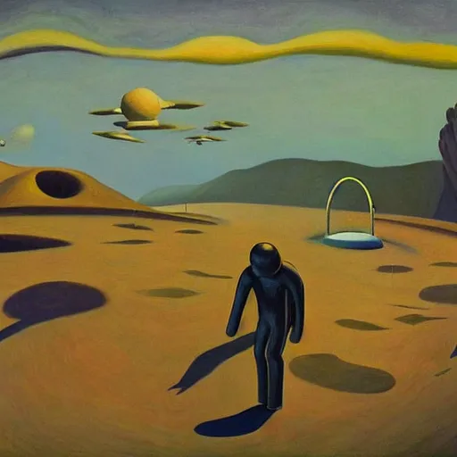 Image similar to space men exploring a fantastical alien landscape, they discover something, pj crook, edward hopper, oil on canvas