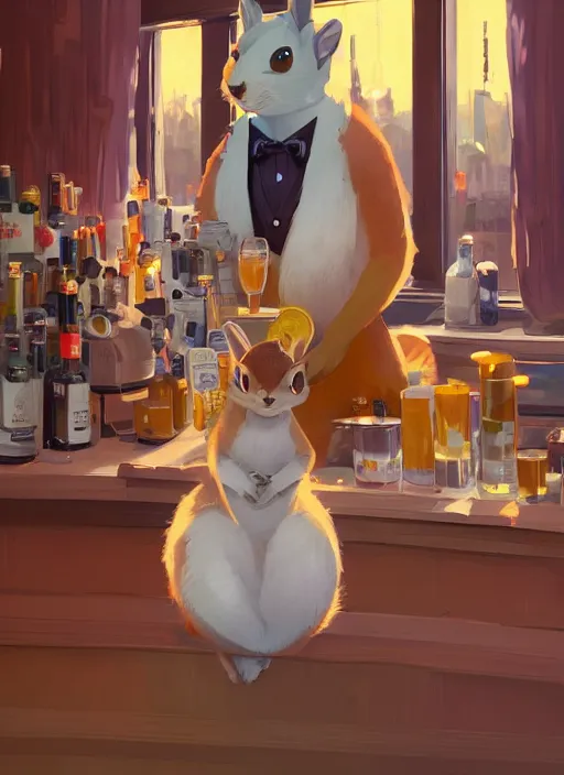 Image similar to squirrel anthro as a dapper bartender with a big, fluffy tail, retro futurism, art deco, detailed, painterly digital art by WLOP and Cory Loftis and Ismail Inceoglu, 🐿🍸🍋, furaffinity, trending on artstation