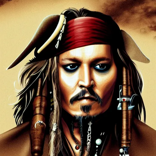 Image similar to portrait of johnny depp as captain jack sparrow, highly detailed, centered, solid color background, digital painting