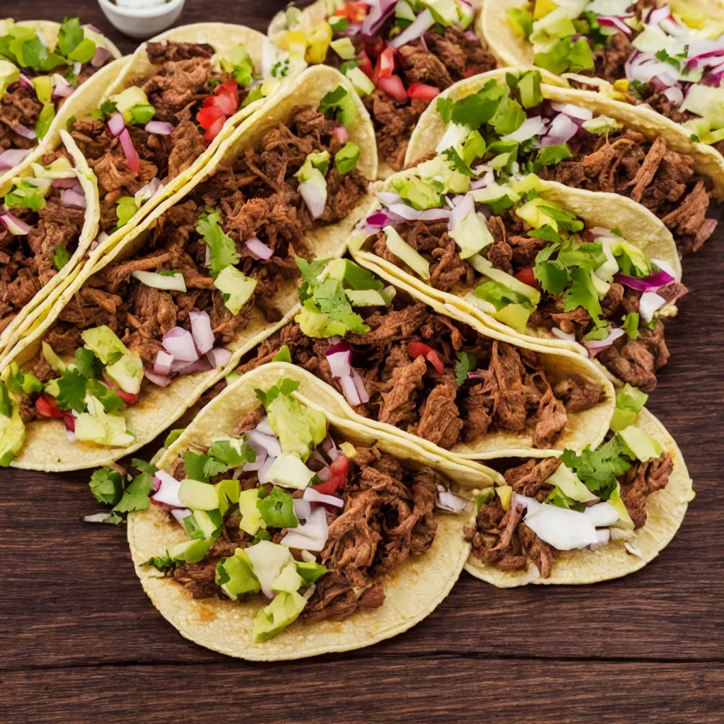 Prompt: close-up view of tacos on top of a wooden table, 8k, high detail, photorealistic, proper shading