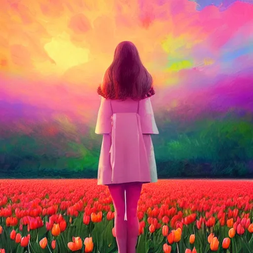 Prompt: large tulip in front of face, girl standing in a flower field, surreal photography, sunrise dramatic light, impressionist painting, colorful clouds, digital painting, artstation, simon stalenhag, flower face