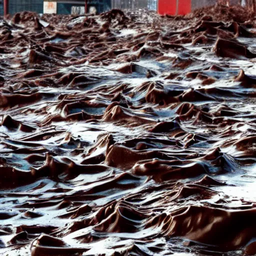 Image similar to tsunami of liquid chocolate on new york, post apocalyptic, cinematic, end of the world