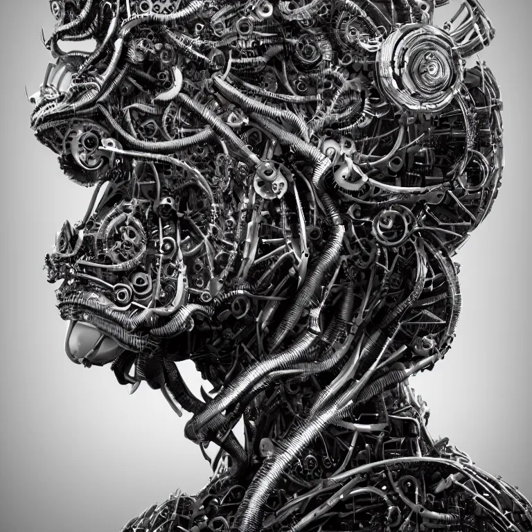 Prompt: surreal biomechanical spinal ribbed tribal organic face portrait of mechanical animal, beautiful detailed intricate insanely detailed BW 3D render digital art, octane render, 8K artistic photography, photorealistic