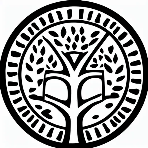 Prompt: black and white vector illustration of a high-tech shield with a sacred tree, inkscape, illustrator, logo