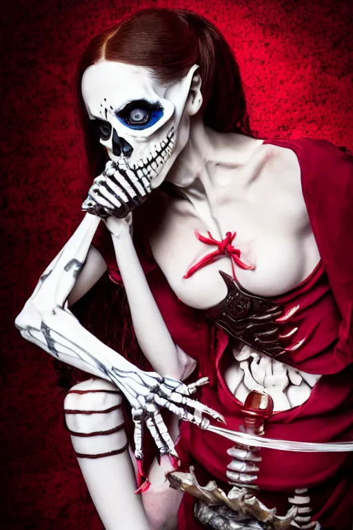 Image similar to beautiful lady skeleton drinking from a blood filled goblet, cosplay, studio lighting