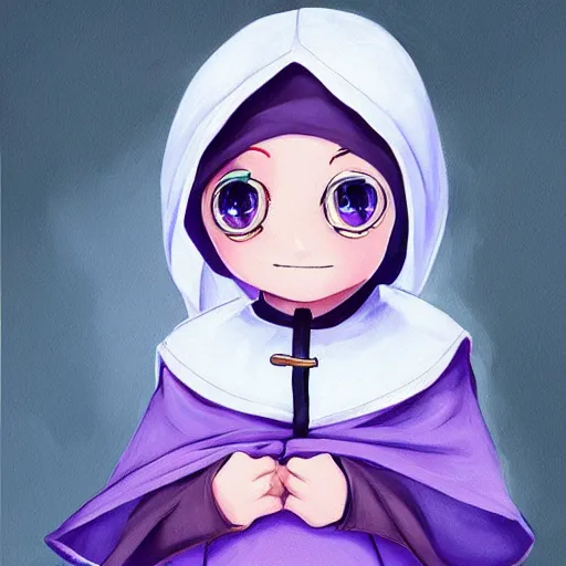 Image similar to little boy wearing nun outfit, blonde hair, light blue eyes. purple and black color palate, detailed soft painting, made in abyss art style, anatomically correct