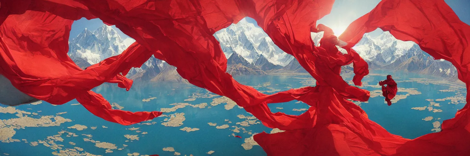 Image similar to a fisheye lens shot on full - frame camera of tibetan monk flying over himalaya mountains lake in weightlessness in traditional red cloth. a lot of flying red fabric around, sky and cloth fabric reflected in blue lake water. illustration by craig mullins, yoji shinkawa, trending on artstation, peter mohrbacher, hyper detailed, intricate, elite, ornate,