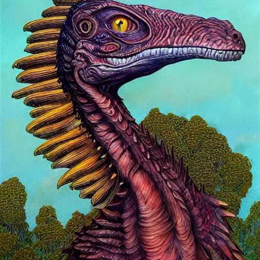 Prompt: portrait of velociraptor,, artwork by Daniel Merriam,