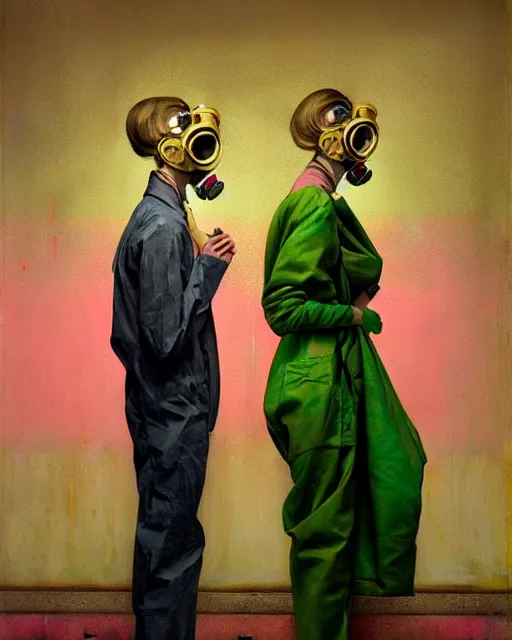 Prompt: Two expressive, skinny doctors wearing gas masks, draped in silky gold, green and pink, inside an abandoned hospital morgue, loss in exhausted despair, transhumanist, part by James Jean. part by Francis Bacon, Esao Andrews, Edward Hopper, dark art by Dariusz Zawadzki and Dado hypersurrealism