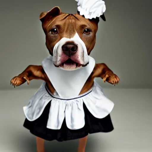 Prompt: a pit bull wearing a maid costume