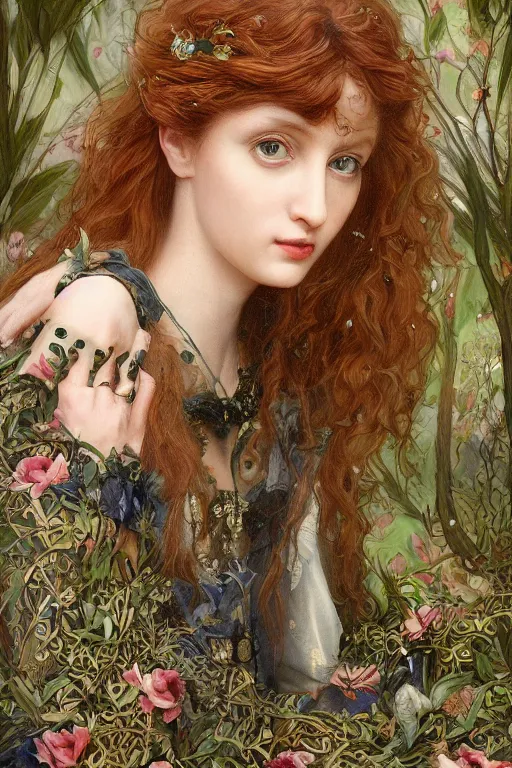 Image similar to An extremely beautiful pre-raphaelite portrait of a very beautiful and cute witch, surreal, ultradetailed, intricate, elegant, digital art painting, concept art, smooth, sharp focus, poster art, art cover illustration, regal, award winning picture, extremely detailed masterpiece, sense of awe, featured on artstation, Artgerm, effervescent punk kawaii-noir pastel bubbles, winning award piece, ethereal rainbows, Aetherpunk, low-key neon lightning, stormy weather, Exquisite details, 8K detail post-processing, matte, oil painting