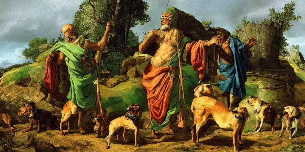 Prompt: Diogenes wearing a bright green cap near his barrel home with dogs, beautiful, highly detailed, digital painting