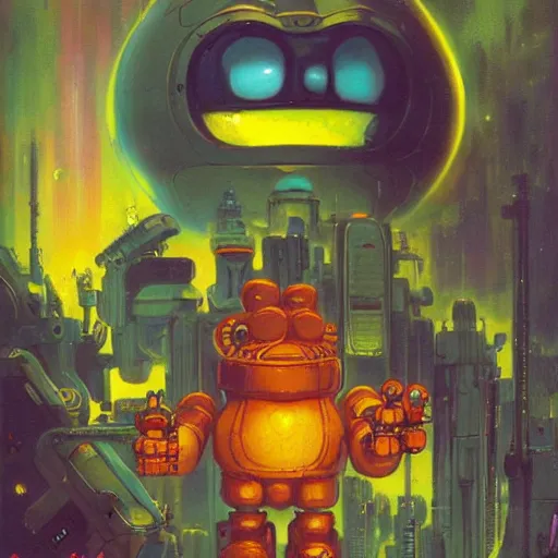 Prompt: a large anthropomorphic garfield shaped mecha by paul lehr and moebius