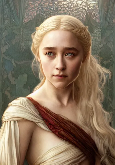 Image similar to daenerys saoirse ronan, intricate, elegant, highly detailed, digital painting, artstation, concept art, smooth, sharp focus, illustration, art by artgerm and greg rutkowski and alphonse mucha and william - adolphe bouguereau