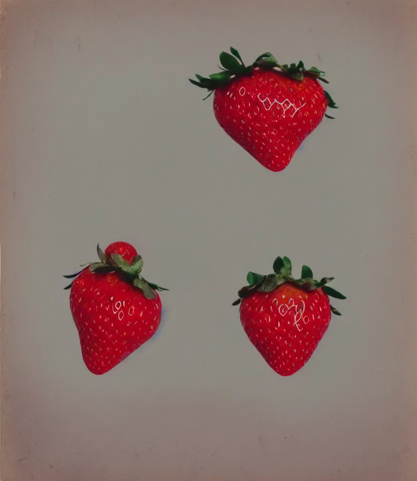 Image similar to the long red heart of a strawberry instamatic polaroid flash photography