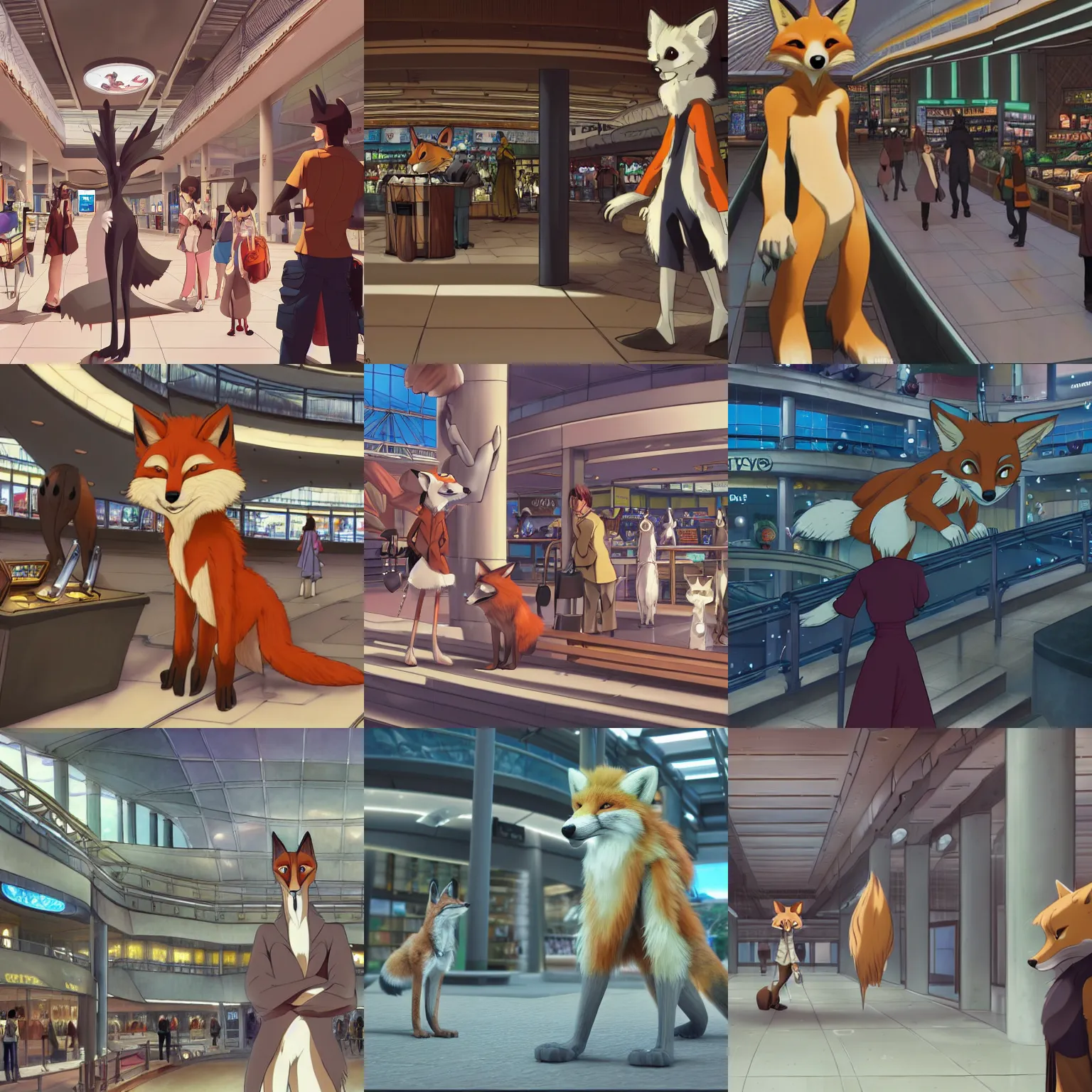 Prompt: an anthropomorphic natural furry ( fox ) shopping at a futuristic mall, photorealistic, anime, makoto shinkai, james gurney, don bluth, disney, hibbary, dark natasha, goldenwolf, furaffinity