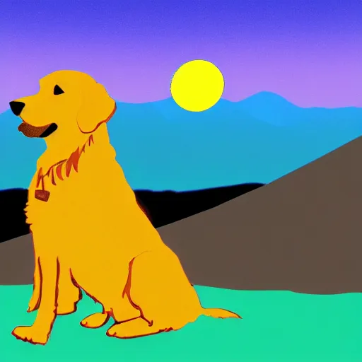 Image similar to a golden retriever standing on top of a mountain, microsoft paint art, unprofessional, mediocre