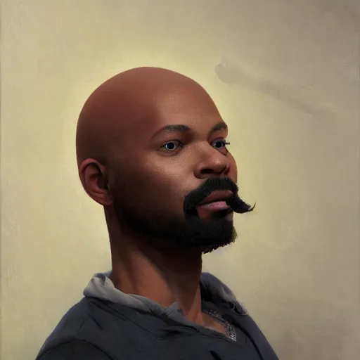 Image similar to a strikingly handsome bald african-american man with a goatee viewing contemporary artworks at the Hirshhorn museum, in the style of Johfra and Shaun Tan, By Ruan Jia and Artgerm and Range Murata and WLOP and Ross Tran and William-Adolphe Bouguereau and Beeple, Fantasy Illustration. octane render, award winning, Artstation, intricate details, realistic, Hyperdetailed, 8k resolution